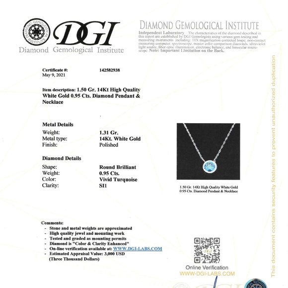 Diamond Bezel Pendant Fancy Turquoise Round Shape 14K White Gold 0.95 Carat - Picture 4 of 8